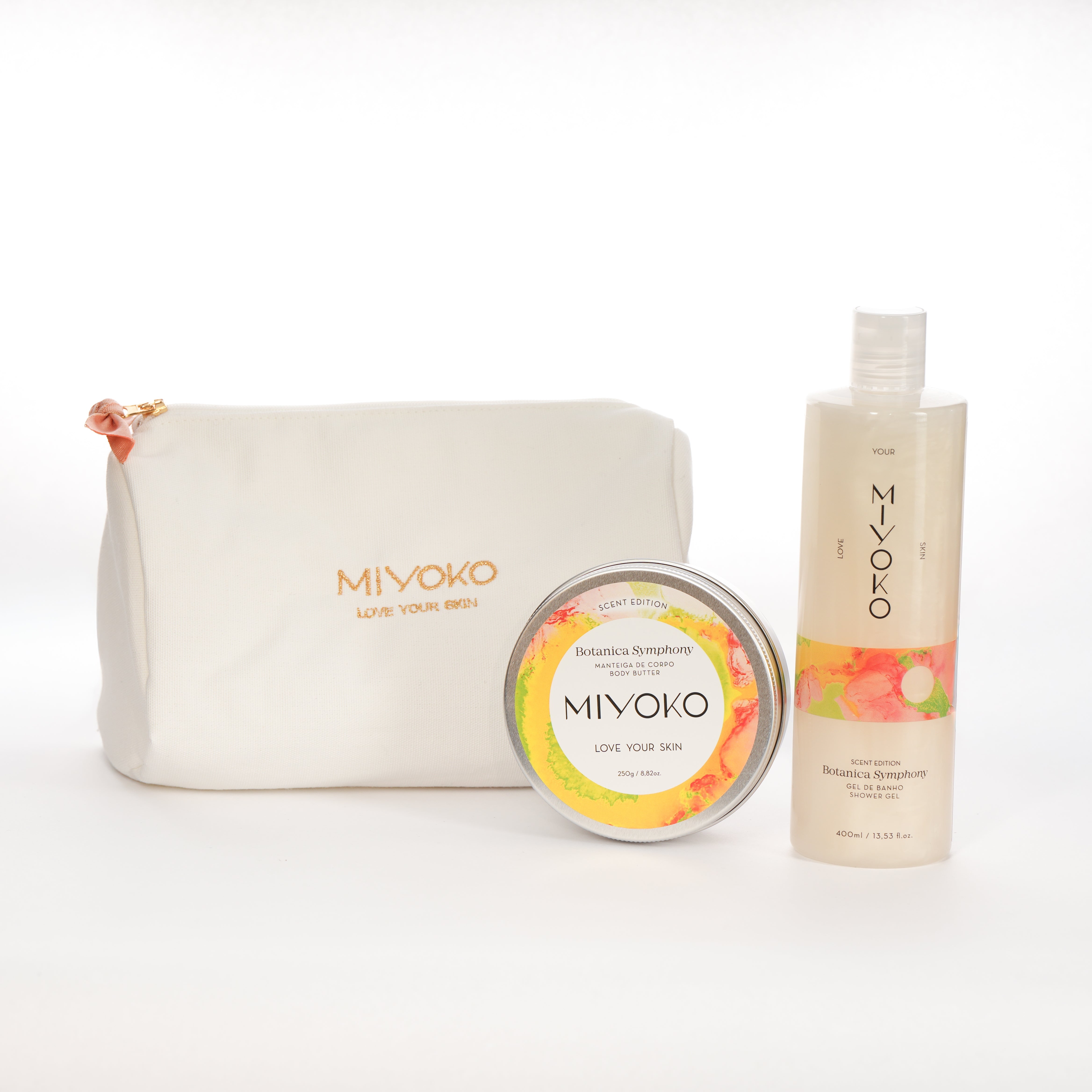 Coffret com bolsa em algodão que inclui um gel de banho de 400ml e uma manteiga corporal de 250ml, do aroma Botanica Symphony.