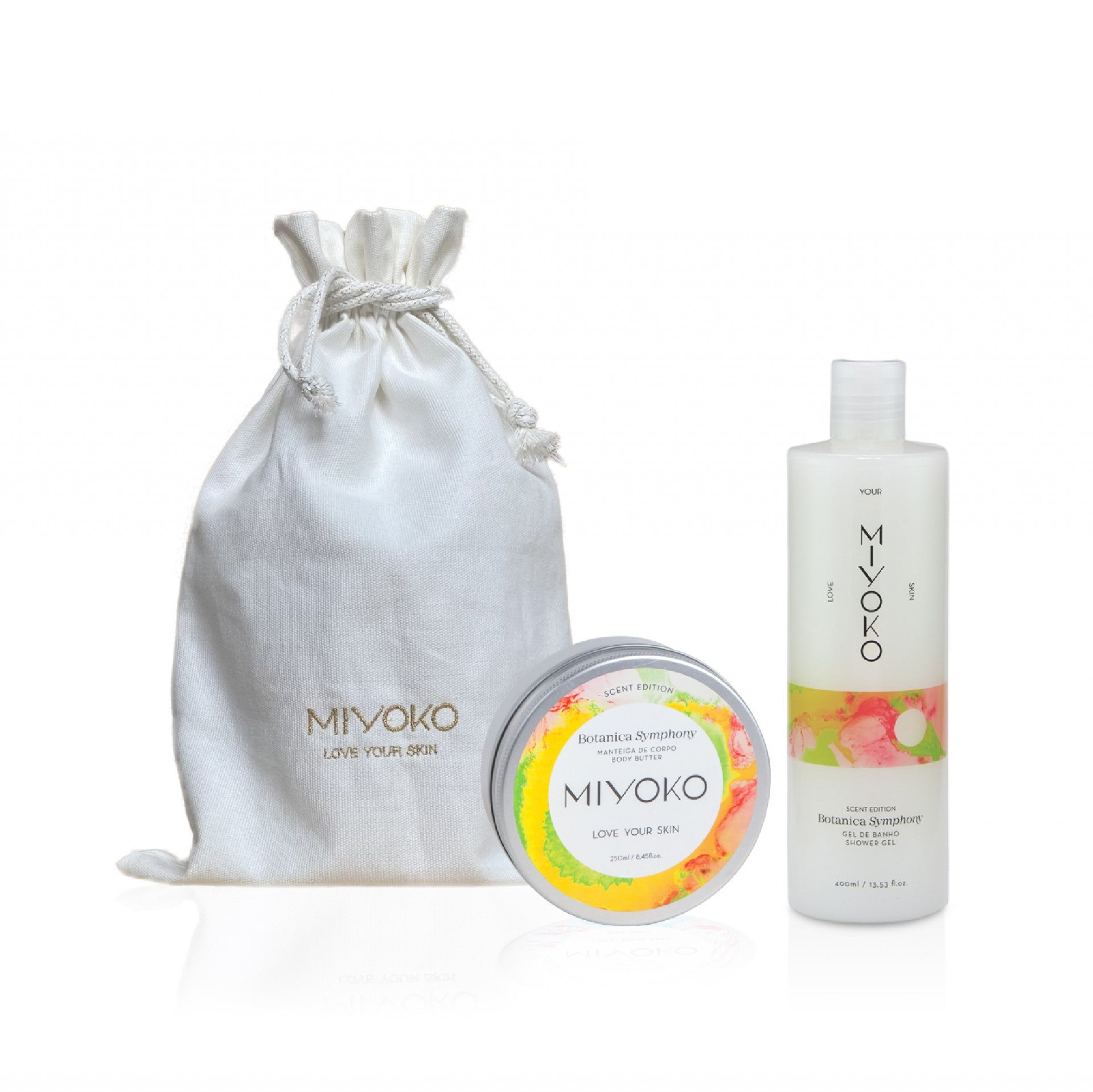 Coffret com bolsa em algodão que inclui um gel de banho de 400ml e uma manteiga corporal de 250ml, do aroma Botanica Symphony.