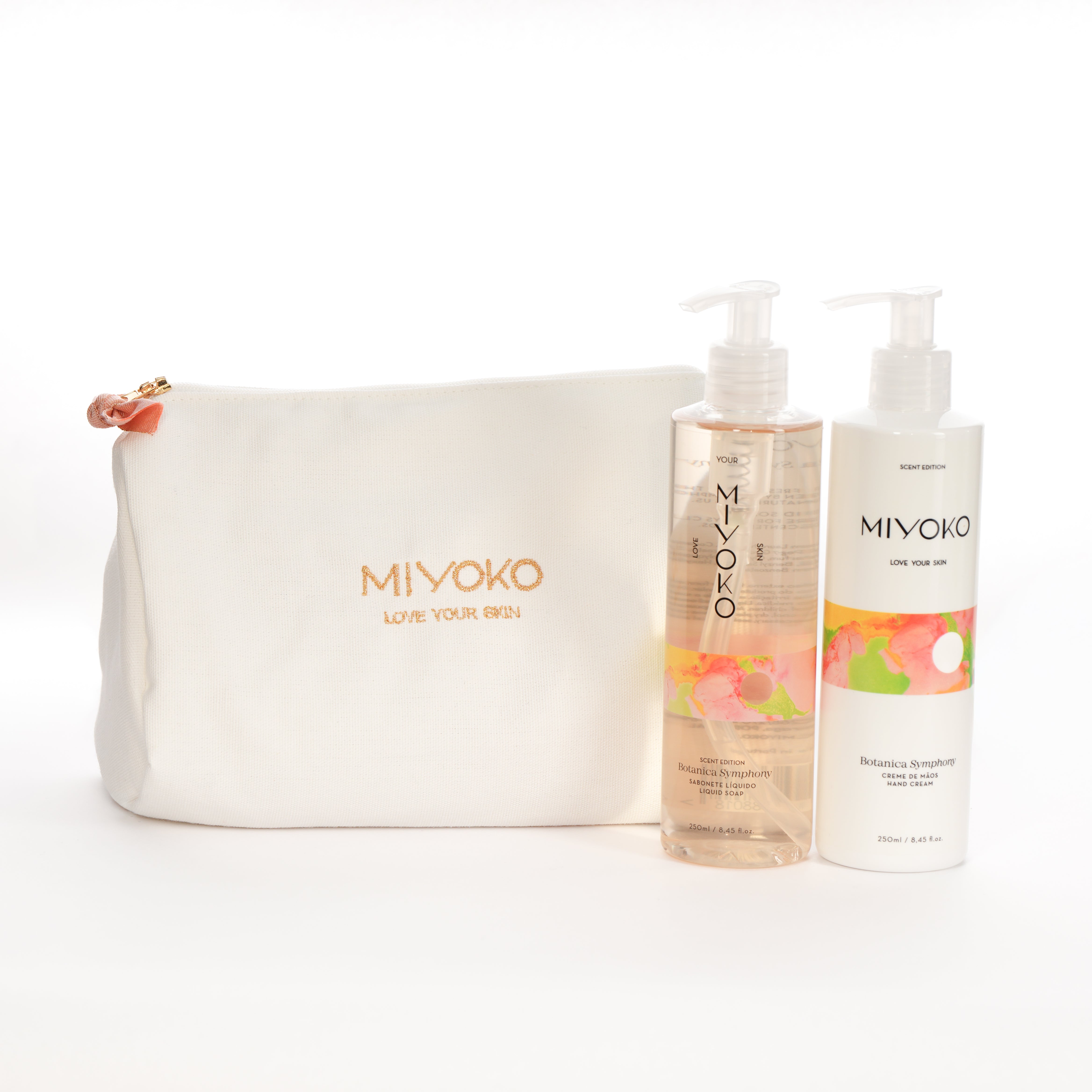 Coffret com bolsa de algodão que inclui um sabonete líquido de 250ml e um creme de mãos de 250ml, do aroma Botanica Symphony.
